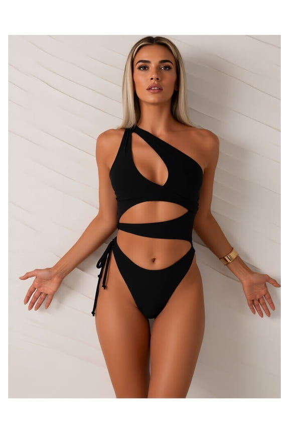 One Shoulder Swimsuit Women Asymmetrical Cutout Bathing Suit - Black High Stretch Nylon One Piece Swimwear with Removable Pads, Summer Beach Pool