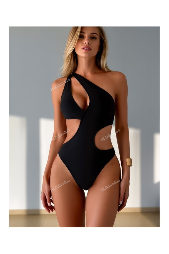 One Shoulder Swimsuit Women Sexy Cutout Swimwear Black Monochrome Bathing Suit Chic Beachwear Adjustable Straps Comfortable Swimsuit for Teens & Women