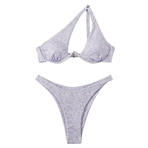 One Shoulder Swimsuits for Women 2 Piece Floral Bathing Suit Underwire Bikini Top with Thong Bottoms Cheeky Swimwear, Purple, M