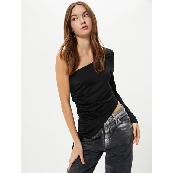 One Shoulder T-Shirt Asymmetric Cut Draped Detail Long Sleeve