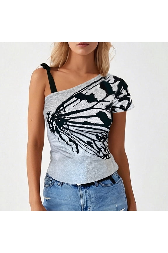 One Shoulder Tees Y2k Emo Grunge Tops Cold Shoulder Gothic Graphic Tees Short Sleeve (Grey S)