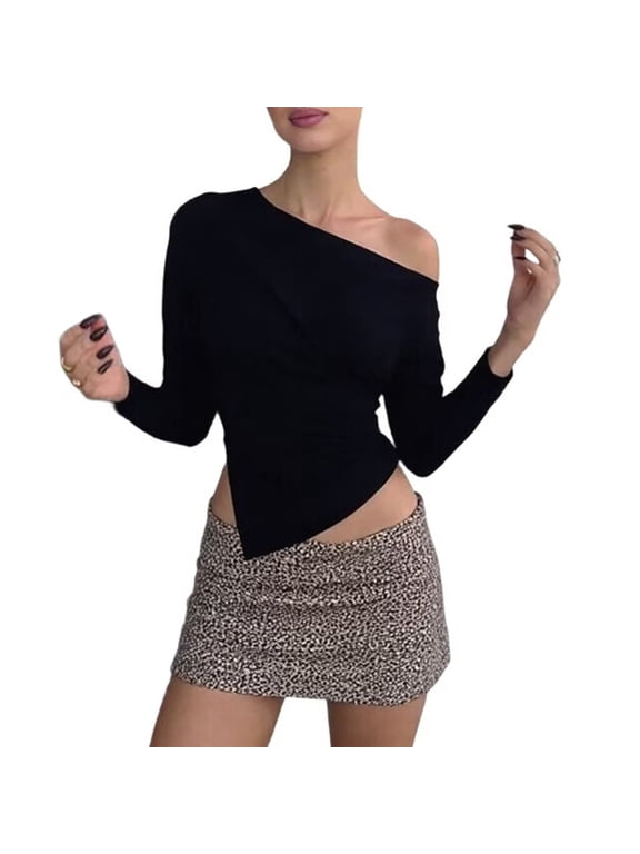 One Shoulder Tops for Women Long Sleeve Ruched Asymmetrical Split Hem Going Out Y2K Crop Shirts Black S