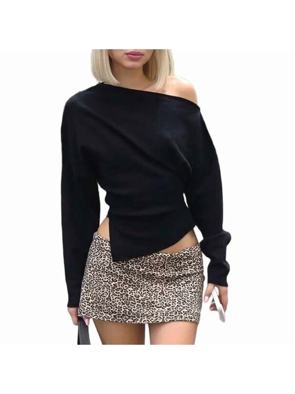 One Shoulder Tops for Women Long Sleeve Ruched Asymmetrical Split Hem Going Out Y2K Crop Shirts
