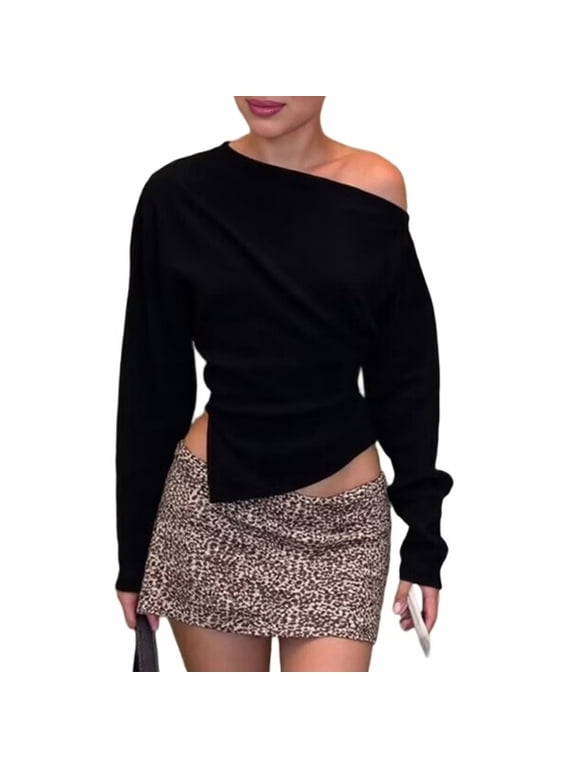 One Shoulder Tops for Women Long Sleeve Ruched Asymmetrical Split Hem Going Out Y2K Crop Shirts