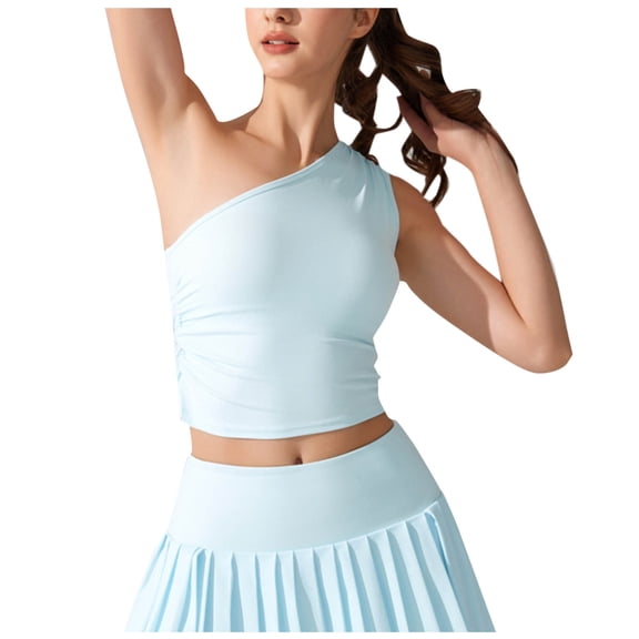 One Shoulder Tops for Women Sports Yoga Summer Sleeveless T Shirt Slim Fitted Casual Blouses with Built in Pads (L, Light Blue)