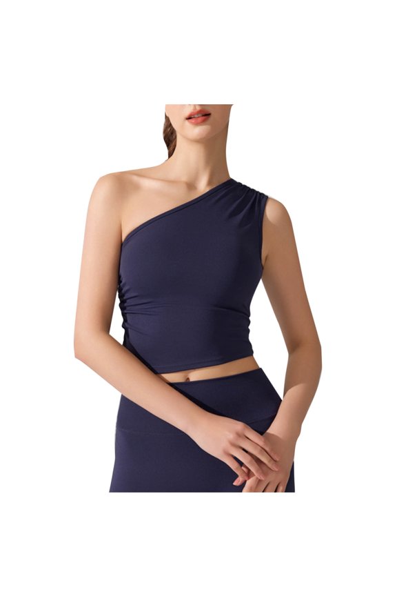 One Shoulder Tops for Women Sports Yoga Summer Sleeveless T Shirt Slim Fitted Casual Blouses with Built in Pads (M, Blue)