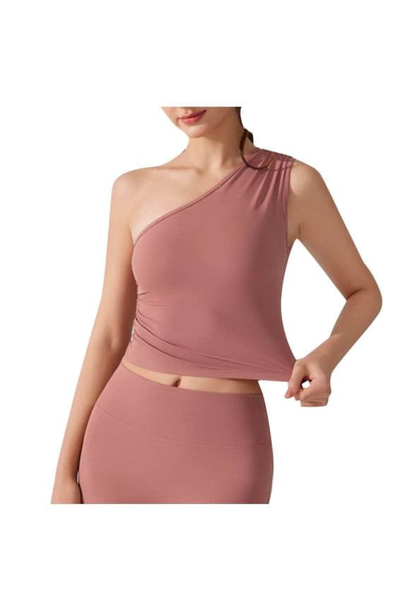 One Shoulder Tops for Women Sports Yoga Summer Sleeveless T Shirt Slim Fitted Casual Blouses with Built in Pads (M, Pink)