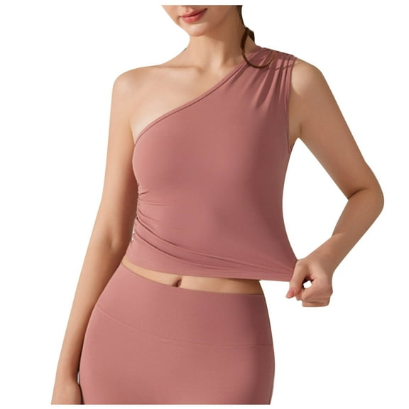 One Shoulder Tops for Women Sports Yoga Summer Sleeveless T Shirt Slim Fitted Casual Blouses with Built in Pads (XL, Pink)