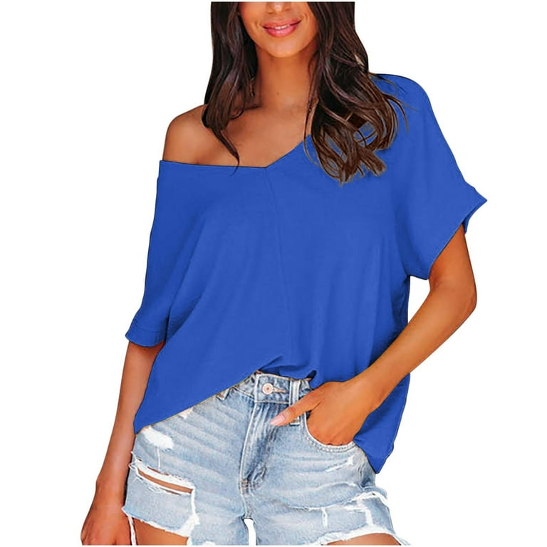 One Shoulder Tops for Women Summer V Neck T Shirts Oversized Short Sleeve Shirts Sexy Loose Tees Solid Color Blouses