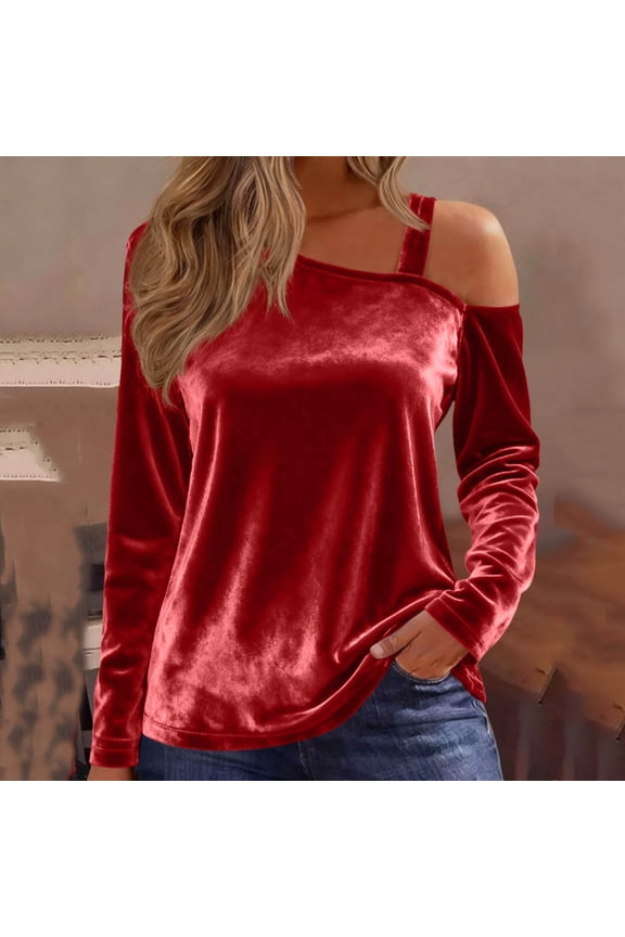 One Shoulder Velvet Tops for Women with Adjustable Strap,Christmas Long Sleeve Patchwork Tunic Tops for Evening Party
