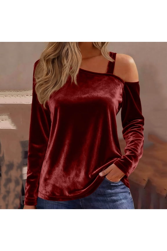 One Shoulder Velvet Tops for Women with Adjustable Strap,Christmas Long Sleeve Patchwork Tunic Tops for Evening Party
