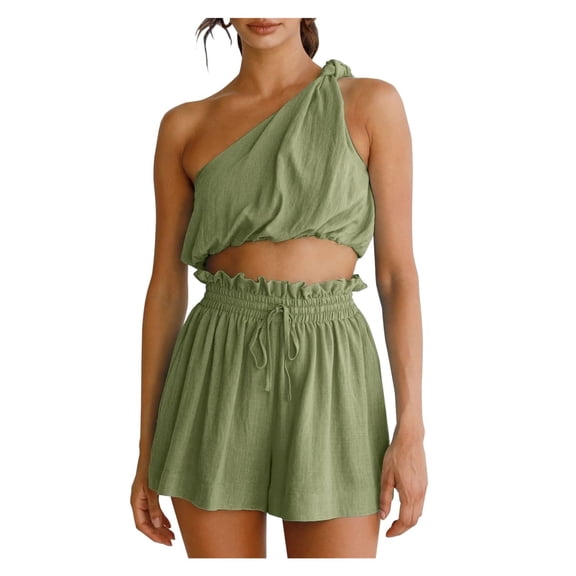 One Shoulder Women 2 Piece Outfits Crop Tops & Elastic Waist Shorts Pants
