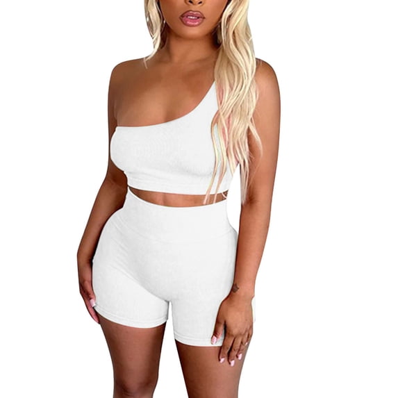 One Shoulder Workout Sets for Women Summer 2 Piece Outfits Ribbed Tank Tops High Waist Shorts Running Gym Fitness White, L