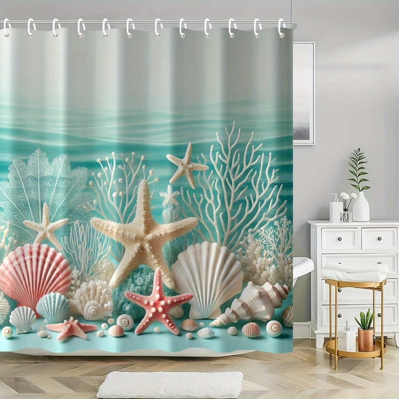One Shower Curtain Featuring a Beautiful Ocean Star And Shell Pattern, Includes 12 Hooks, Made of Digitally Printed Polyester Fabric, Machine Washable for Home And Hotel Use