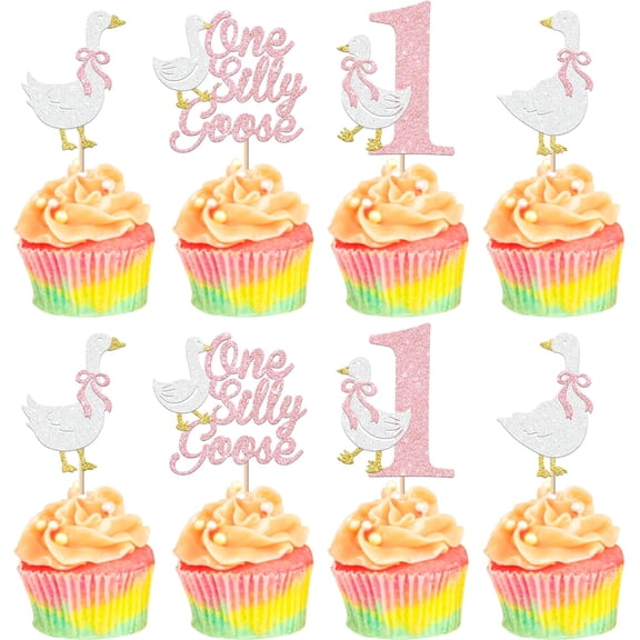 One Silly Goose 1st Birthday Cupcake Toppers, 12 Pack Pink & White Glitter Goose Themed Cupcake Picks, Cute Silly Goose Cake Decorations for First Birthday Party Supplies