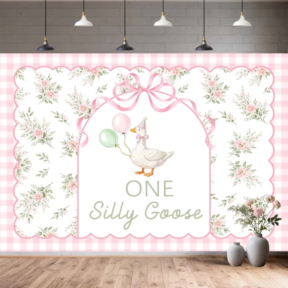 One Silly Goose Backdrop, 1st Birthday Party Banner, Pink Floral First Birthday Decoration, Watercolor Farm Animal Theme Photography Background,10X8FT
