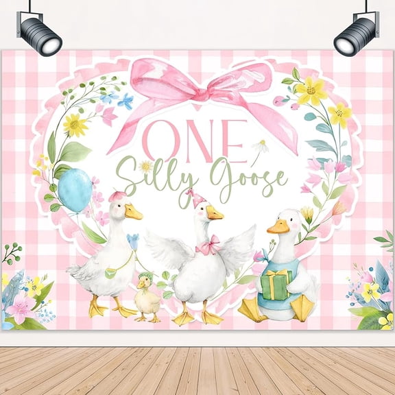 One Silly Goose Backdrop Cute Goose Funny 1st Birthday Photography Background for Girls Pink Bow Watercolor Floral Birthday Party Decorations Banner Photo Booth Props