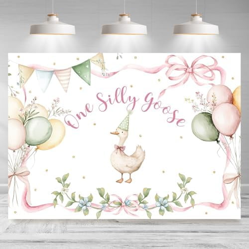 Goose Custom One Silly Goose Backdrop for Girls 1Birthday Balloon Pink Bowknot ...