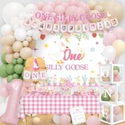 One Silly Goose Birthday Decor Girl, Pink Silly Goose Funny First Birthday Backdrop Balloons Arch Box High Chair Banner Bday Party Idea for Baby Girls