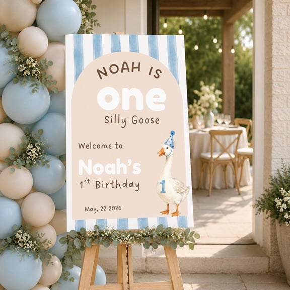 One Silly Goose Boy Welcome Sign, Blue 1st Birthday Party Decor, Editable Canva Template, 3 Sizes Wall Art Poster , Poster Print Only
