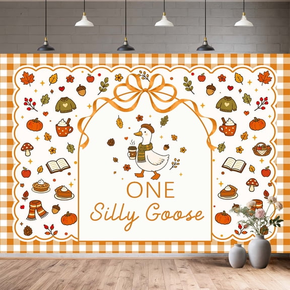 One Silly Goose Fall 1st Birthday Backdrop - Autumn Orange Gingham Duck Party Banner, Farmhouse Harvest Theme Photo Booth Background for Kids First Birthday, Thanksgiving Baby Shower,7X5FT,Orange