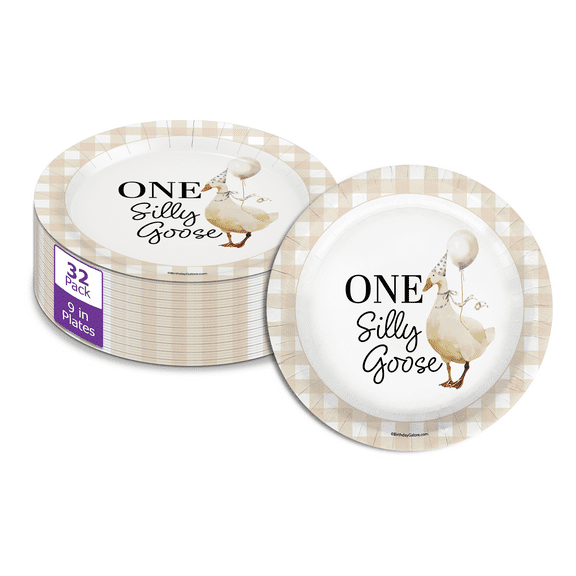 One Silly Goose First Birthday - 32 Piece Disposable Party Supplies - Decorations for Gingham 1st Birthday Round Party Plates - Large 9" Paper Plates In Bulk