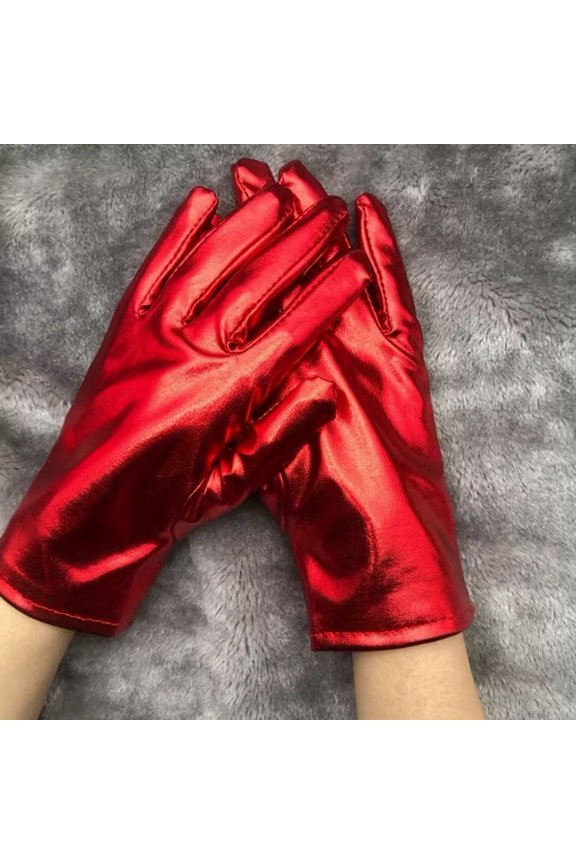 One Size Fits All Summer Dance Performance Gloves for Adults - Shiny PU & Golden Elastic Spandex