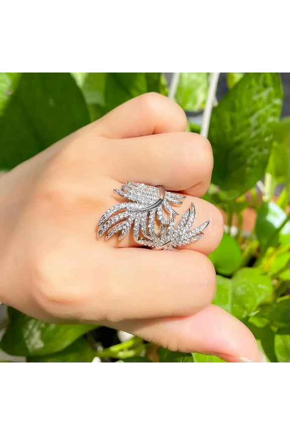 One Size Fits White Gold Plated CZ Long Feather Finger Ring Fashion Jewellery