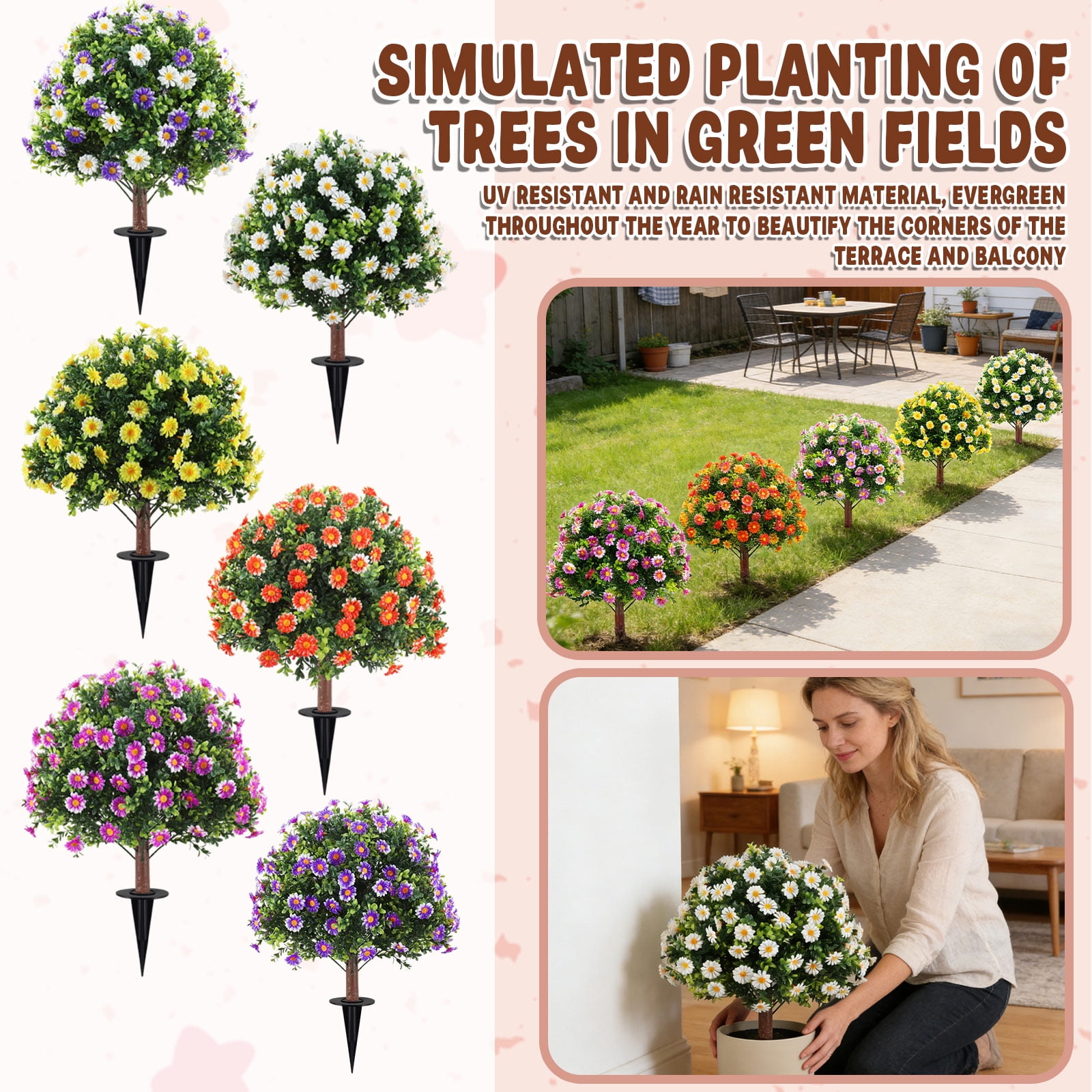 One Size, Ground Insert Artificial Flower Topiary Tree, Weather ...