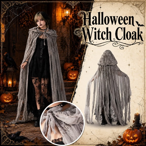 One-Size Halloween Ghost Cape, Scary Halloween, Haunted House Prop, 59 Inch Frayed Gauze Accessory, Unisex Tattered Burlap Hooded Spirit Outfit, Ideal for Halloween Party Favor,