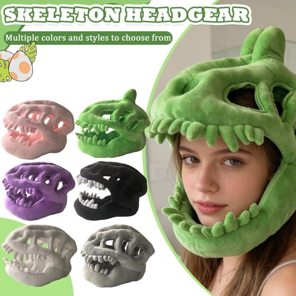 One Size Plush Dinosaur Skeleton Headwear, Soft Cozy Full-Coverage Headpiece, Spooky Engaging / Interactive Dress-Up Accessory for Halloween Parties, Costume Events, Themed Gatherings and Home Play f