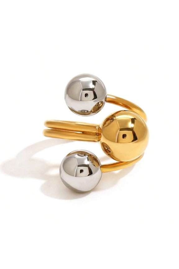 One-Size Stainless Steel Ball Adjustable Statement Ring In Goldtone And Silvertone Metal