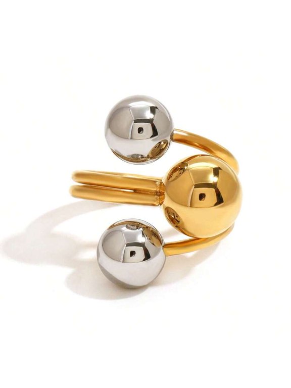 One-Size Stainless Steel Ball Adjustable Statement Ring In Goldtone And Silvertone Metal