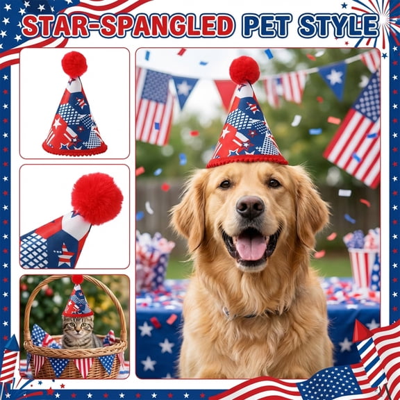 One Size Star-Spangled Pet Party Hat With Sparkly Sequin Bow Tie, Red White & Blue Patriotic Themed Headwear With Pom Pom Topper, Festive Independence Day Accessory For Dogs, Cats
