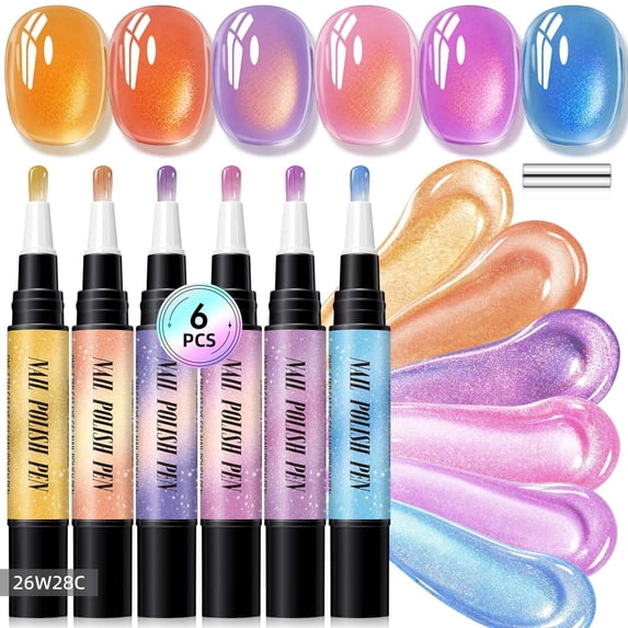One Step Gel Nail Polish Pens Set, 6 Colors Gel Polish Pens with Fine Tips, Quick Dry Shine Nail Polish Markers for DIY Manicure, Portable Pastel Shimmer Art Nail Paint Set