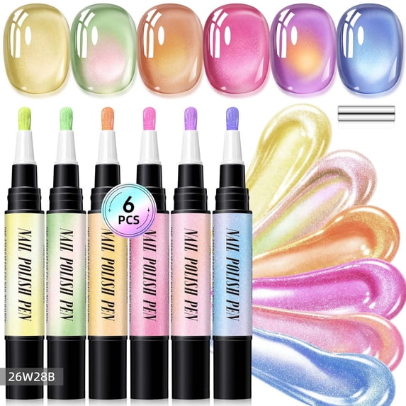 One Step Gel Nail Polish Pens Set, 6 Colors Gel Polish Pens with Fine Tips, Quick Dry Shine Nail Polish Markers for DIY Manicure, Portable Pastel Shimmer Art Nail Paint Set