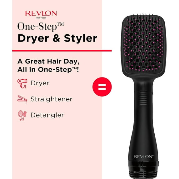 One-Step Hair Dryer and Styler, All-in-One Detangling and Straightener Brush for Salon-Quality Smooth, Straight Hair, Shine and Less Frizz, Black
