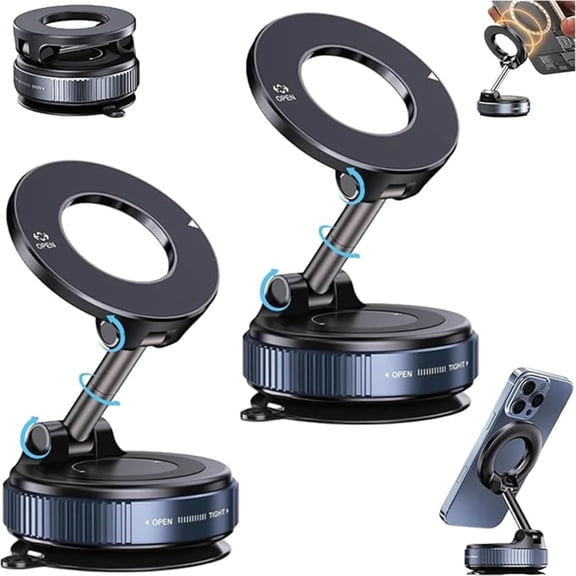 One-Step Lock Magnetic Vacuum Phone Mount, Retractable Car Phone Mount - 360° Magnetic Holder