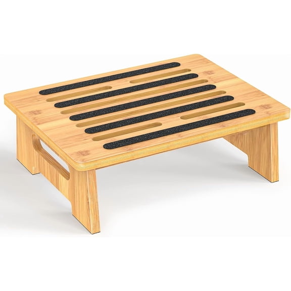 One Step Stool for Adults Seniors and Kids with Non-Slip Surface, Natural Bamboo Stepping Stools for High Bed, Bathroom and Kitchen, Hold Up to 450 LBS, Lightweight, Waterproof, Easy to Install