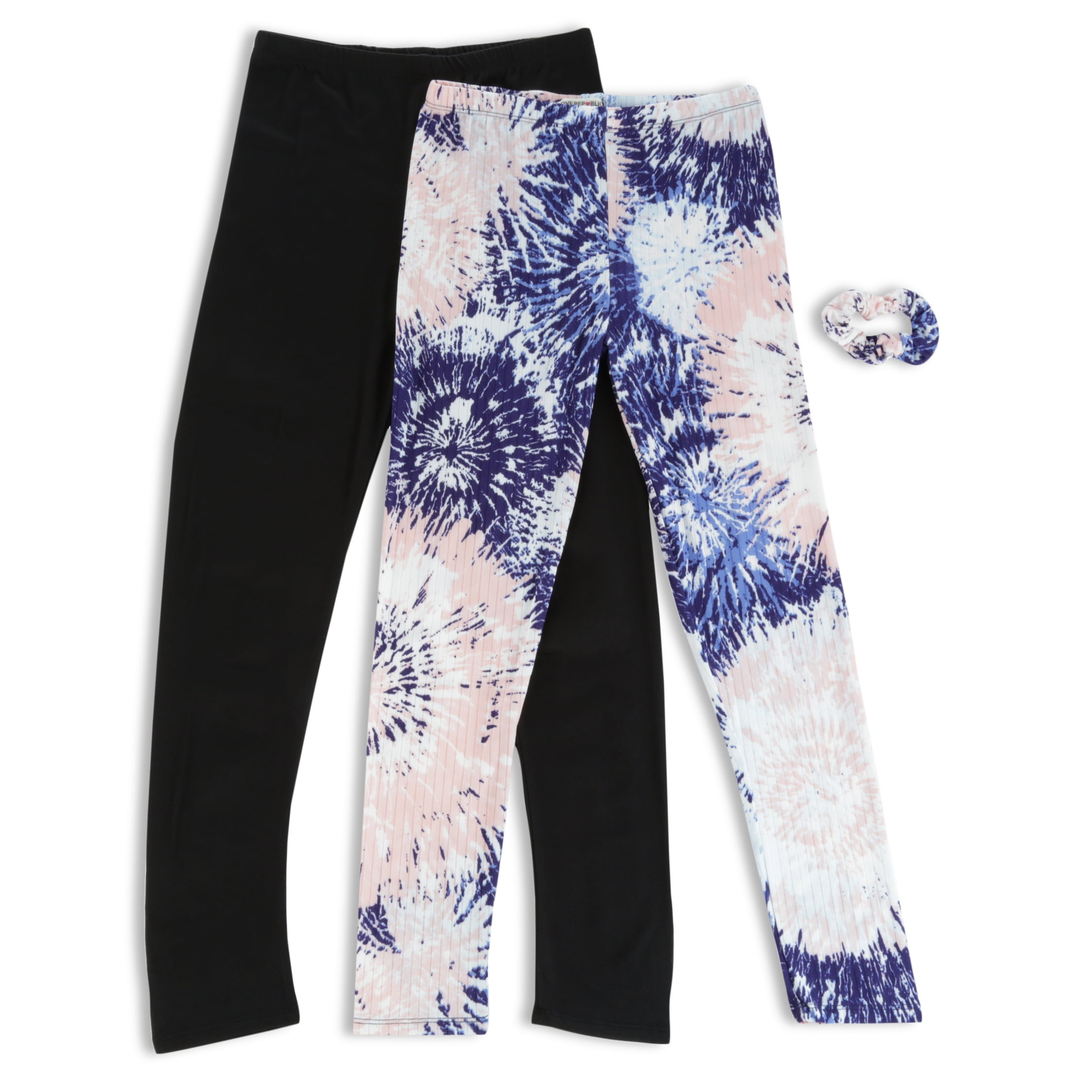 One Step Up Girls' Printed and Solid Ribbed Leggings with Scrunchie, 2-Pack, Sizes 4-12