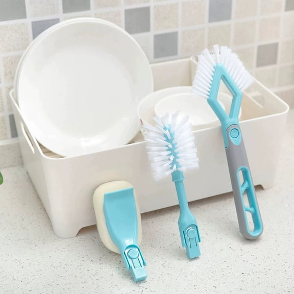 One Stick Three Head Multifunctional Kitchen Cleaning Brush Set, Long Handle, Crevice And Sponge Heads, Detachable, Blue, For Dishware, Cups, Bowls, Tight Corners, Oil Stains, Easy Storage