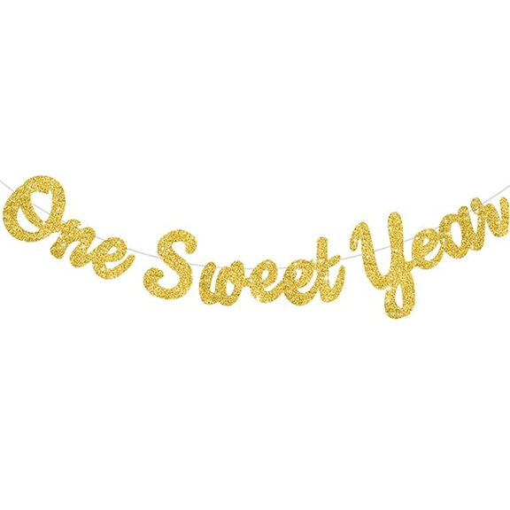 One Sweet Year Gold Glitter Banner, 1st Birthday Party Decoration, Cursive Script