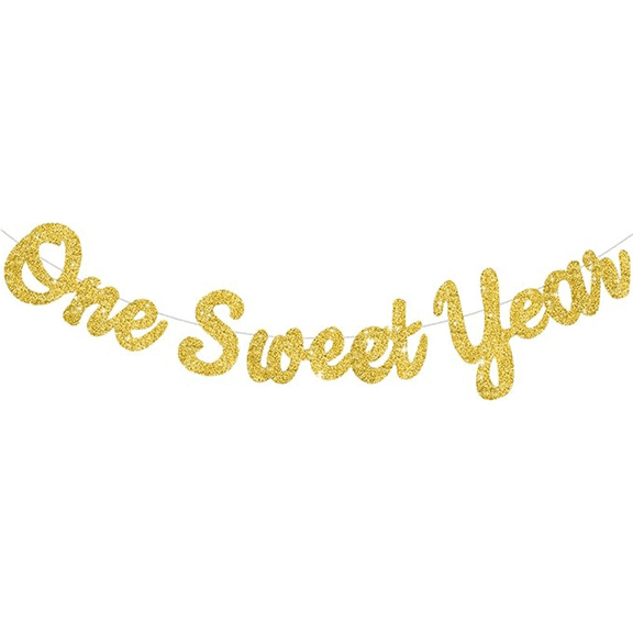One Sweet Year Gold Glitter Banner, 1st Birthday Party Decoration, Cursive Script