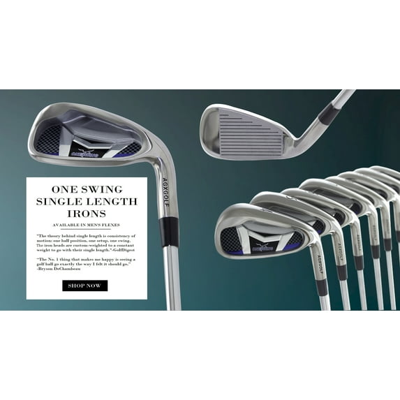 One Swing Same Length Men's Tour Game Improvement Stainless Steel Irons Set; 4-9 Irons + Pitching Wedge + Sand Wedge: Stiff Flex; Extra-Tall Length (+1.5"); Right Hand
