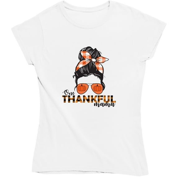 One Thankful Mama with Plaid Orange Sunglasses Pumpkins and Headband Bow Tie Fall Thanksgiving T-Shirt
