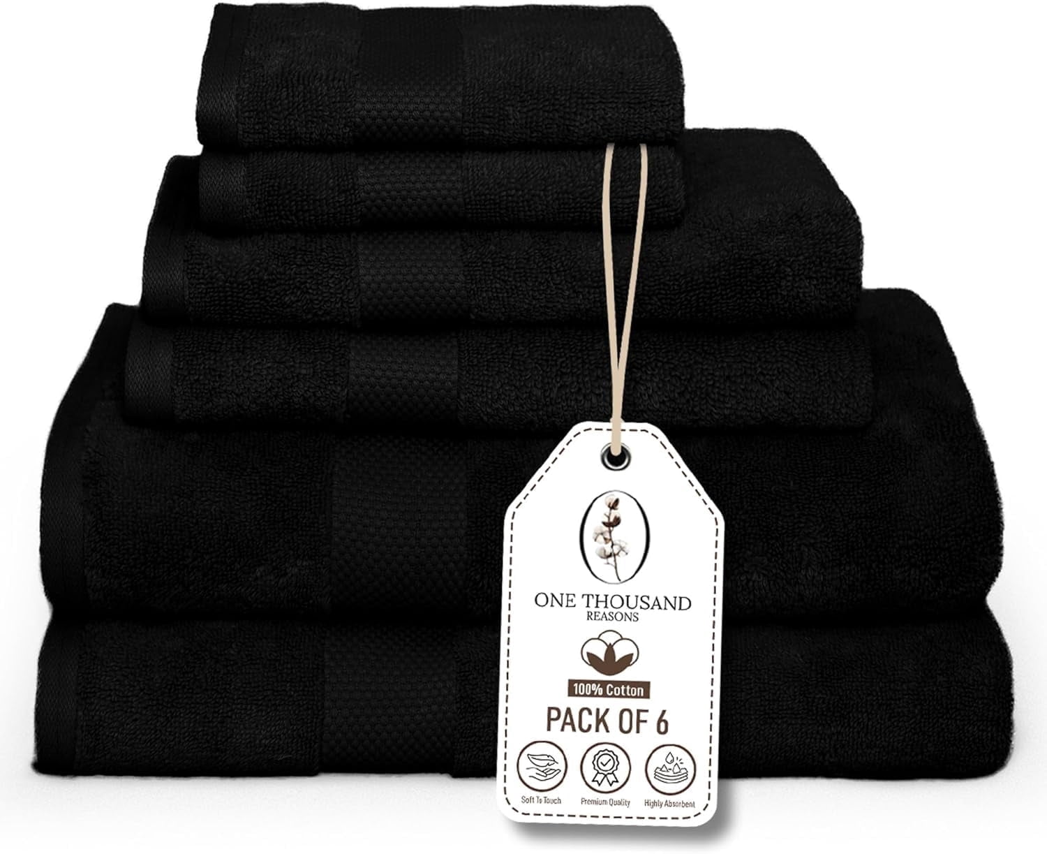 One Thousand Reasons Superior Zero Twist 1 Stripe Towel Set | Bath, Gym, Hand Towels | Luxury & Soft Cotton - Black (6 Pieces)