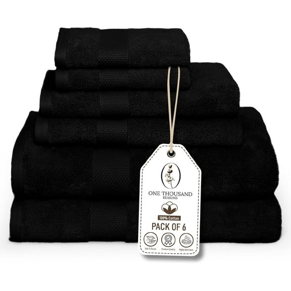One Thousand Reasons Superior Zero Twist 1 Stripe Towel Set | Bath, Gym, Hand Towels | Luxury & Soft Cotton - Black (6 Pieces)
