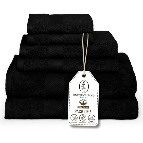 One Thousand Reasons Superior Zero Twist 1 Stripe Towel Set | Bath, Gym, Hand Towels | Luxury & Soft Cotton - Black (6 Pieces)
