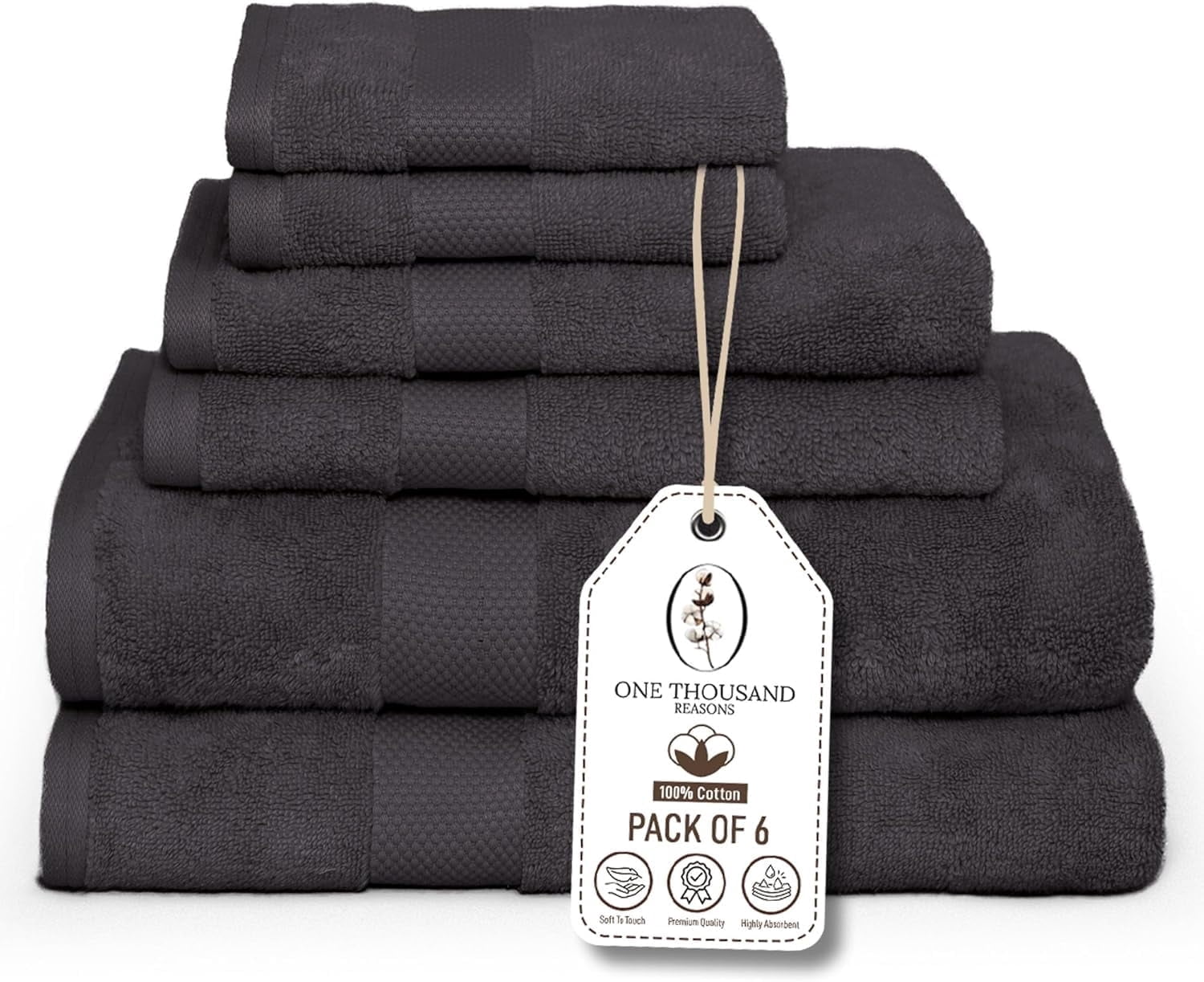 One Thousand Reasons Superior Zero Twist 1 Stripe Towel Set | Bath, Gym, Hand Towels | Luxury & Soft Cotton (6 Pieces)