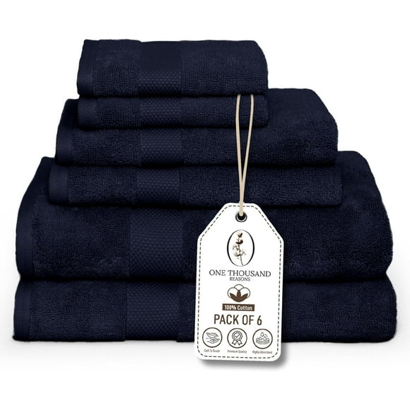 One Thousand Reasons Superior Zero Twist 1 Stripe Towel Set | Bath, Gym, Hand Towels | Luxury & Soft Cotton - Midnight (6 Pieces)